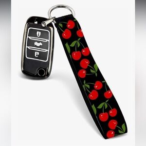 🆕 Cherry Pattern Black Key Fob Wrist Strap for Car Keys